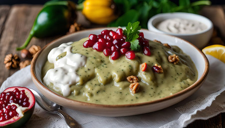 A close-up of a delicious green creamy dish topped with pomegranate seeds and walnuts, served on a wooden table.の写真素材