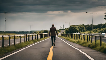 A man in a suit walks alone down a long, empty road. The sun shines overhead, and the sky is filled with clouds. The road is flanked by trees and grass. The man looks thoughtful and serious. He appears to be on a journey of self-discovery. This image symbolizes the freedom of the open road.の写真素材