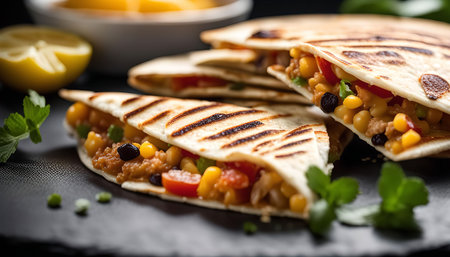 Close up shot of a delicious quesadilla filled with corn and black beans on a black plate. The quesadilla is grilled to perfection and the filling is visible. There are also some fresh mint leaves and a lemon wedge on the plate.の写真素材