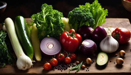 A variety of fresh vegetables on a rustic wooden cutting board, including tomatoes, broccoli, zucchini, onions, peppers, garlic, leeks, and salad greens.の写真素材