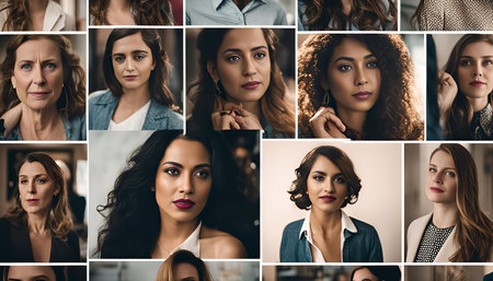 A collection of portraits featuring diverse women, showing their unique beauty and individuality. The images capture their expressions, hairstyles, and makeup, offering a glimpse into their personalities.の写真素材
