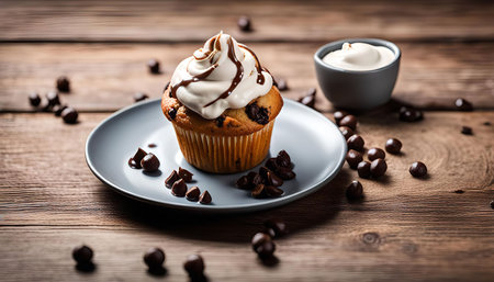 A close-up shot of a chocolate chip cupcake topped with whipped cream and chocolate drizzle, sitting on a gray plate with chocolate chips scattered around it. The cupcake is on a wooden table with more chocolate chips scattered around it.の写真素材