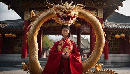 A young woman wearing a red and gold traditional Chinese robe stands in front of a golden dragon sculpture. She is looking directly at the camera, with a calm and serene expression. The image was taken in a temple setting, with the dragon sculpture framing the woman. The image evokes a sense of history, tradition, and spirituality.の写真素材