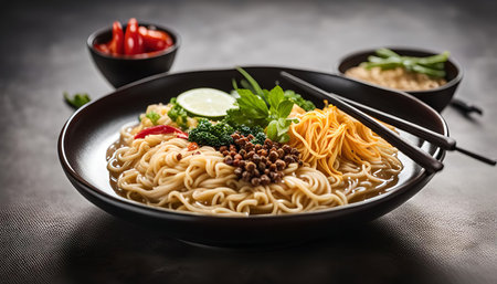 A close-up view of a bowl of Asian noodle soup, featuring a variety of toppings such as broccoli,...