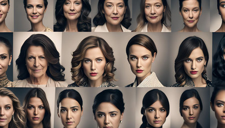 This collage showcases a collection of diverse women's portraits, capturing a variety of expressions, styles, and ages. The focus on faces highlights individual beauty and diversity.の写真素材