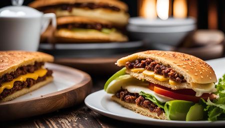 A mouthwatering cheeseburger with juicy beef, melted cheese, fresh tomato, lettuce, and avocado, served on a toasted sesame seed bun.の写真素材