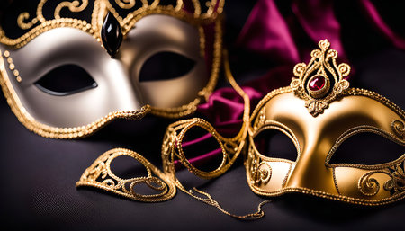 Three ornate Venetian masquerade masks, one gold, one silver, and one black, arranged on a red velvet fabric with black backgroundの写真素材