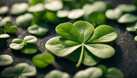 A close-up photo of a four-leaf clover, a symbol of good luck and fortune. The bright green leaves...