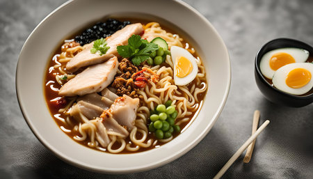 A bowl of delicious ramen with chicken, egg, and vegetables. The noodles are cooked perfectly and the broth is flavorful.の写真素材