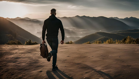 A man walks away from the viewer towards the horizon of a mountain range at sunset, capturing the golden light as he journeys onward.の写真素材