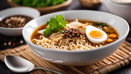 A close-up shot of a bowl of ramen noodles, featuring a soft-boiled egg, broth, and fresh parsley. The bowl is set against a dark background with a wooden table mat, spoon, and plate with sauce.の写真素材