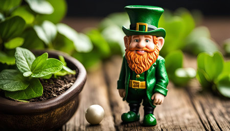 A close-up of a leprechaun figurine holding a pot of gold, surrounded by shamrock plants.の写真素材