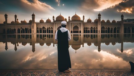 A man stands in front of a mosque, contemplating its reflection in a pool of water. The sky is filled with clouds, and the sun is setting, casting a warm glow over the scene.の写真素材