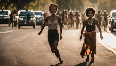 Two women are walking on a street with a large crowd in the background, they are both smiling and look happy. One woman is wearing a black top and a skirt, while the other one is wearing a long dress with a headband and jewelry.の写真素材