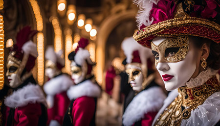 A close up of a masked woman in a red and gold costume, standing in a line of other masked figures. The image captures the elegance and mystery of Venetian Carnival.の写真素材