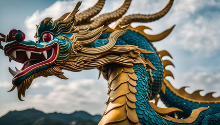 A close-up of a golden and blue dragon statue with a fierce expression, showing its intricate details and symbolic power.の写真素材
