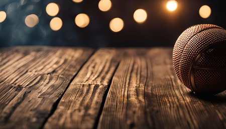 A golden basketball rests on a weathered wooden surface with a blurred background of warm lights.の写真素材