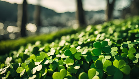 A close-up shot of vibrant green clover leaves in a natural setting.の写真素材