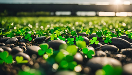 A closeup shot focusing on green clover leaves growing from the ground, surrounded by smooth, black rocks. The sunlight creates a soft, shallow depth of field, highlighting the vibrant green of the leaves.の写真素材
