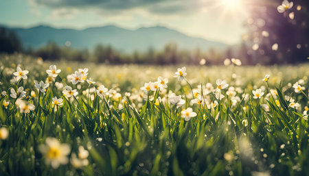 A close-up view of a field of white flowers in full bloom, the sun is shining creating a soft light on the flowers. Mountains can be seen in the background, adding to the beauty of the scene.の写真素材
