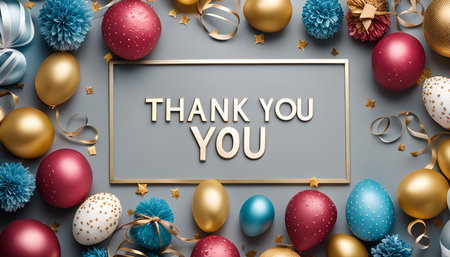 A beautiful thank you card decorated with colorful balloons, ribbons, and confetti. The card is perfect for any occasion, from birthdays to weddings to graduations.の写真素材