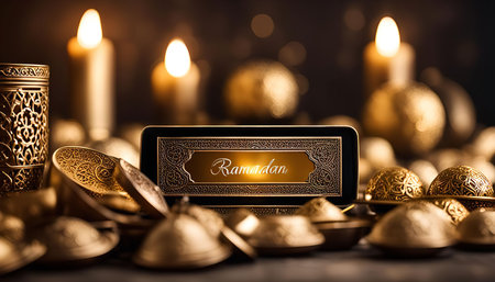 A festive Ramadan celebration scene featuring gold ornaments, candles, and a decorative plate with the word 'Ramadan' written in Arabic calligraphy. The warm glow of the candles and the intricate details of the decorations create a beautiful and festive atmosphere.の写真素材