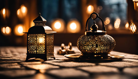 Two intricately designed lanterns cast a warm glow on a table, creating a beautiful and traditional...