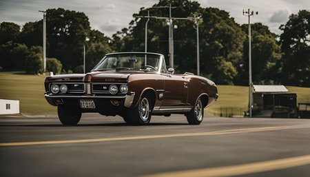 A classic convertible car cruising down a street, showing the beautiful design and details of the vintage vehicle.の写真素材