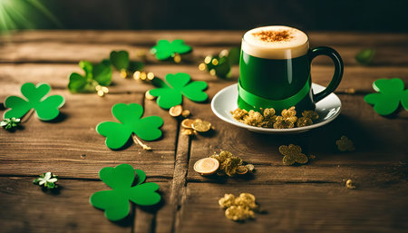A festive St. Patrick's Day scene with a mug of green beer, shamrocks, and gold coins scattered on a rustic wooden surface.の写真素材