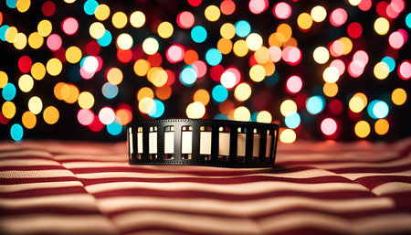 A film reel on a striped fabric with blurred lights in the background.の写真素材