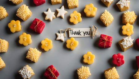 A flat lay of assorted pastries with a small thank you card, perfect for a special occasion.の写真素材