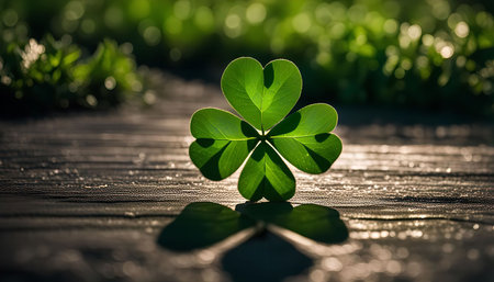 A close up of a four leaf clover lying on a wooden surface. The clover is green and vibrant, and the wood is dark brown. The clover is casting a shadow on the wood.の写真素材