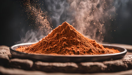 A close-up shot of a pile of smoked paprika powder, the bright orange spice is emitting a smoky aroma, highlighting the intense color and texture of the powder.の写真素材