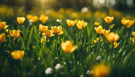 A field of bright yellow flowers with a soft, blurry background, showing a beautiful spring scene.の写真素材