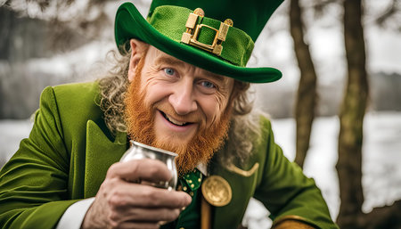 A cheerful leprechaun dressed in green with a gold-trimmed hat holding a cup and smiling at the camera. The leprechaun is surrounded by a blurred background of trees and snow, creating a magical atmosphere.の写真素材