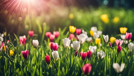 A vibrant field of colorful tulips basking in the warm sunlight, showing the beauty of nature's spring bloomの写真素材