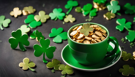 A green teacup overflowing with gold coins and a shamrock on top, surrounded by shamrock leaves on a black background. A festive celebration of St. Patrick's Day.の写真素材