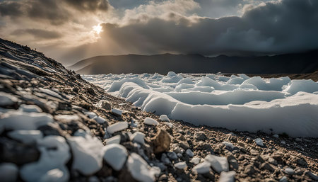 A breathtaking landscape featuring a vast expansion of glacial ice formation under a cloudy sky with...