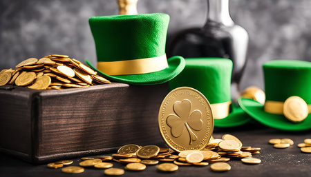 A festive still life featuring a pile of gold coins, green leprechaun hats, and a golden clover coin. Perfect for St. Patrick's Day celebrations, this image embodies Irish tradition and the pursuit of good fortune.の写真素材
