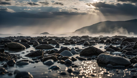 A stunning view of a rocky shoreline at sunset, with the sun casting its golden rays through the clouds and illuminating the water. The fog rolls in over the mountains, creating a mysterious and ethereal atmosphere.の写真素材