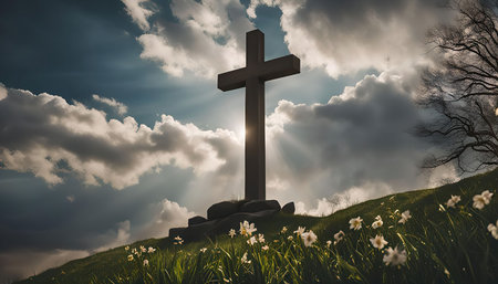 A large stone cross stands tall on a hill, bathed in the warm glow of the setting sun. The sky is filled with dramatic clouds, adding to the powerful sense of spirituality. The cross is surrounded by a field of wildflowers, signifying new life and hope.の写真素材