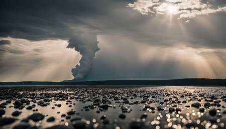 A dramatic image of a smoke plume rising from a fire in the Canadian wilderness, with the sun shining through the clouds and reflecting off the surface of a lake. The lakebed is covered in stones and the smoke fills the sky.の写真素材