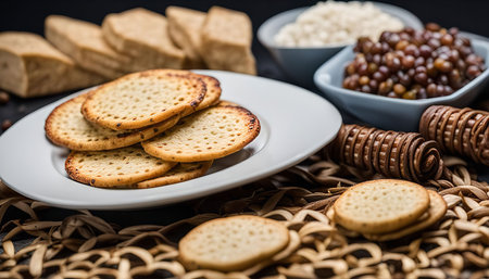 A plate of crispy, round crackers arranged on a light brown wicker surface, with cheese and other snacks in the backgroundの写真素材