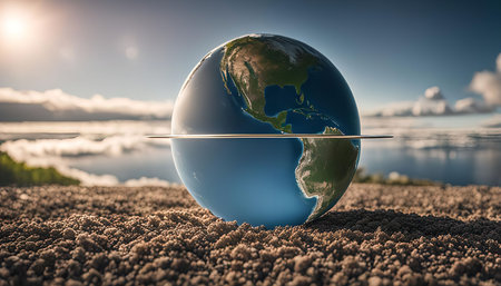 A globe depicting the Earth resting on a sandy beach with a serene sunrise in the background.の写真素材