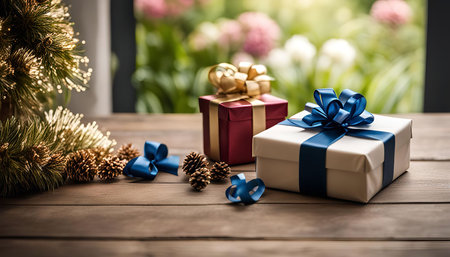 Two presents, one in a red box with a gold bow and the other in a white box with a blue bow, are sitting on a wooden table. The background is blurred and out of focus, suggesting a window overlooking a garden.の写真素材