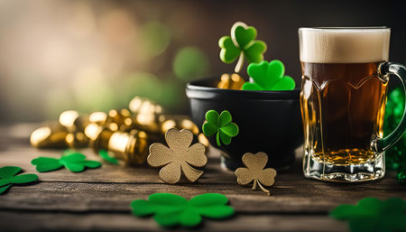 A festive St. Patrick's Day celebration with a glass of beer, shamrocks, and a pot of gold.の写真素材