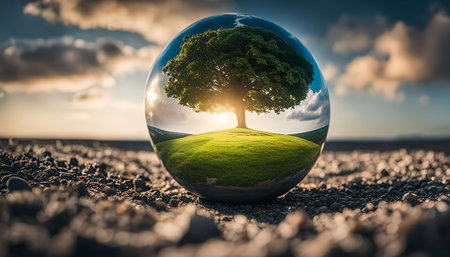 A gleaming sphere reflects a peaceful scene of a solitary tree standing tall on a grassy hill against a backdrop of a bright sky.の写真素材