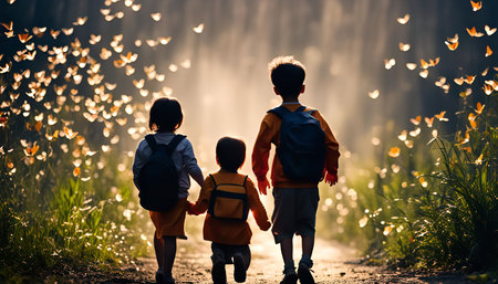 Three children, two girls and a boy, walk hand-in-hand on a path through a sunlit forest, with butterflies fluttering around them. They seem to be on a joyful adventure together, enjoying the beauty of nature.の写真素材