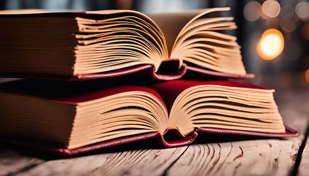 Two open books with red covers on a wooden table. The pages are turned, inviting the viewer to delve...