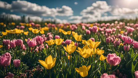 A vibrant field of yellow and pink tulips blooming in the sunshine. The flowers are in full bloom and create a beautiful, colorful display. The blue sky and fluffy white clouds provide a stunning backdrop for this natural wonder.の写真素材